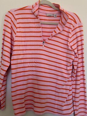 L.L. Bean Sailor Striped Half Zip Pullover Sweater Preppy Orange Pink - Medium